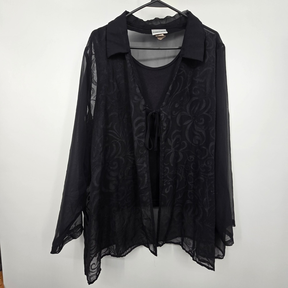 Vintage 90s Y2K Sheer Cardigan Tank Set Women 26/28 Black Whimsigoth Witchy